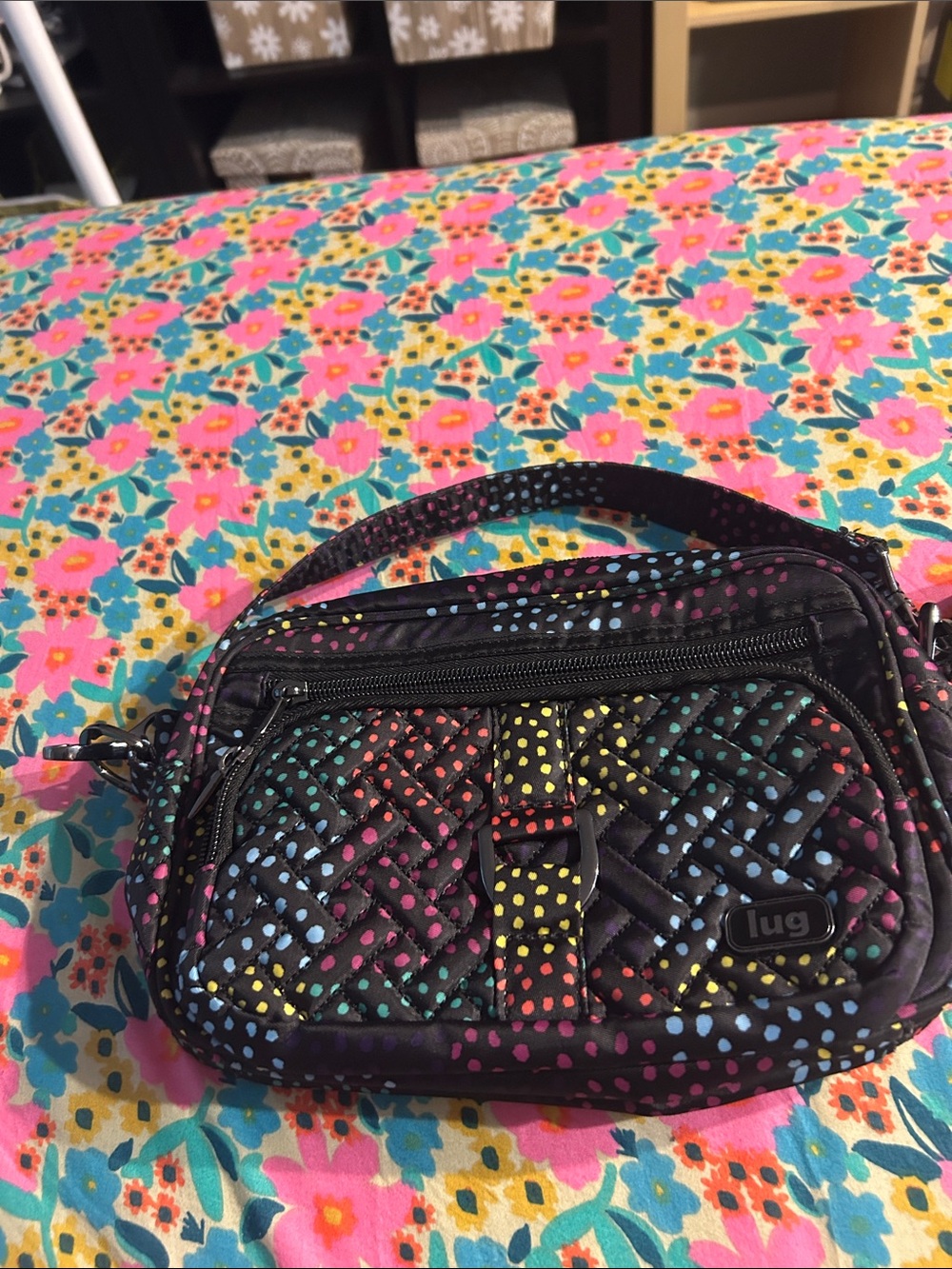 lug Black Quilted Crossbody with Multicolor Dot Accents